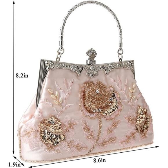 Womens Floral Beaded Rhinestone Embroidery Clutch Beige Pink - Picture 3 of 7